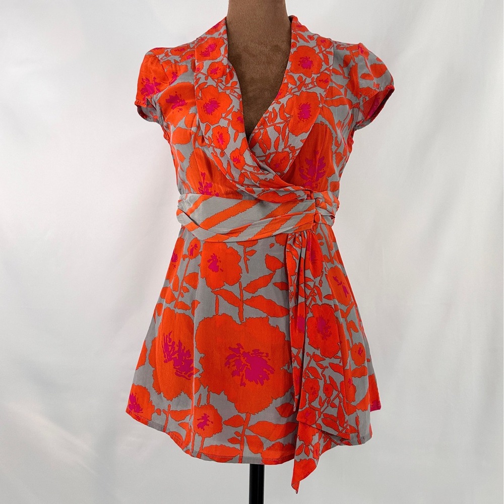 Nanette Lepore Silk Floral Blouse Womens 2 Orange Grey Excellent Wrap Top